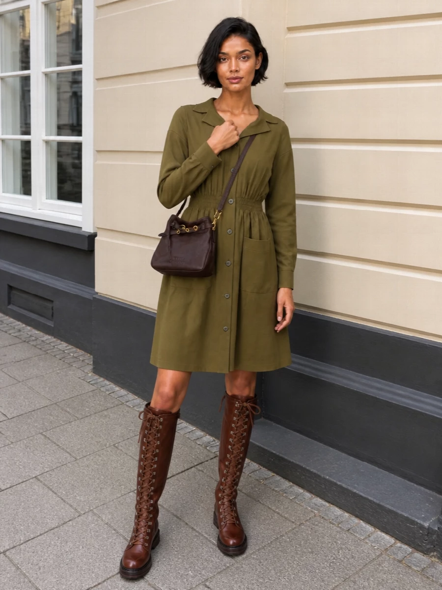 An olive utility shirt dress and chestnut lace-up boots create a considered take on city-ready ruggedness, all in a warm, tonal palette. The cinched waist and knee-skimming hem keep the line clean and feminine against the solid combat sole. A compact dark chocolate cross-body finishes the outfit with quiet, practical structure that stays firmly in the same luxury register.