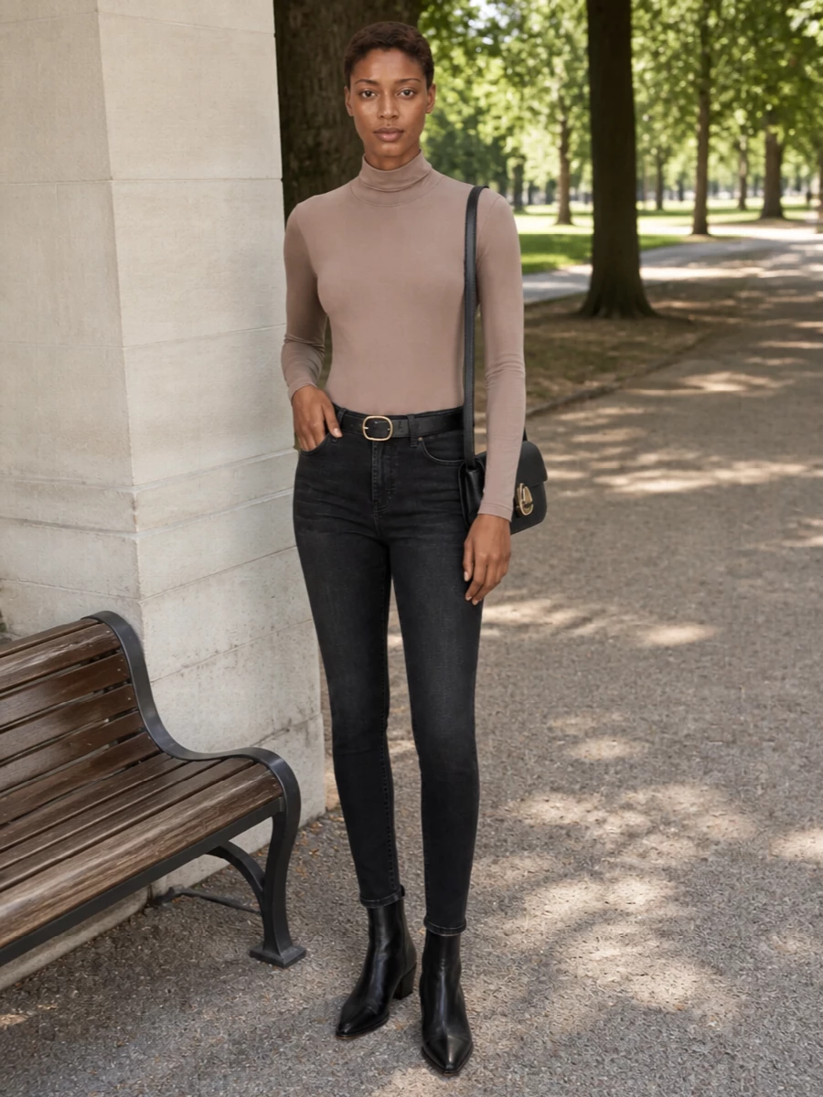7fam black skinny jeans taupe bodysuit outfit