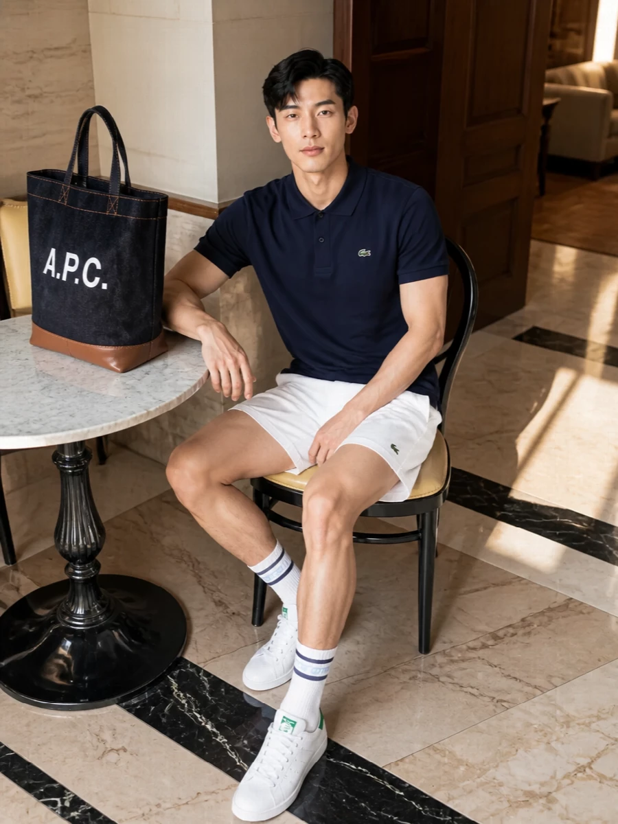 A navy Lacoste polo with crisp white shorts leans into pure tennis-club energy, clean and unfussy. White and green Adidas court sneakers and striped socks keep the story firmly on the courts, while an indigo A.P.C. tote brings a sharp, city-ready finish without breaking the sporty mood.