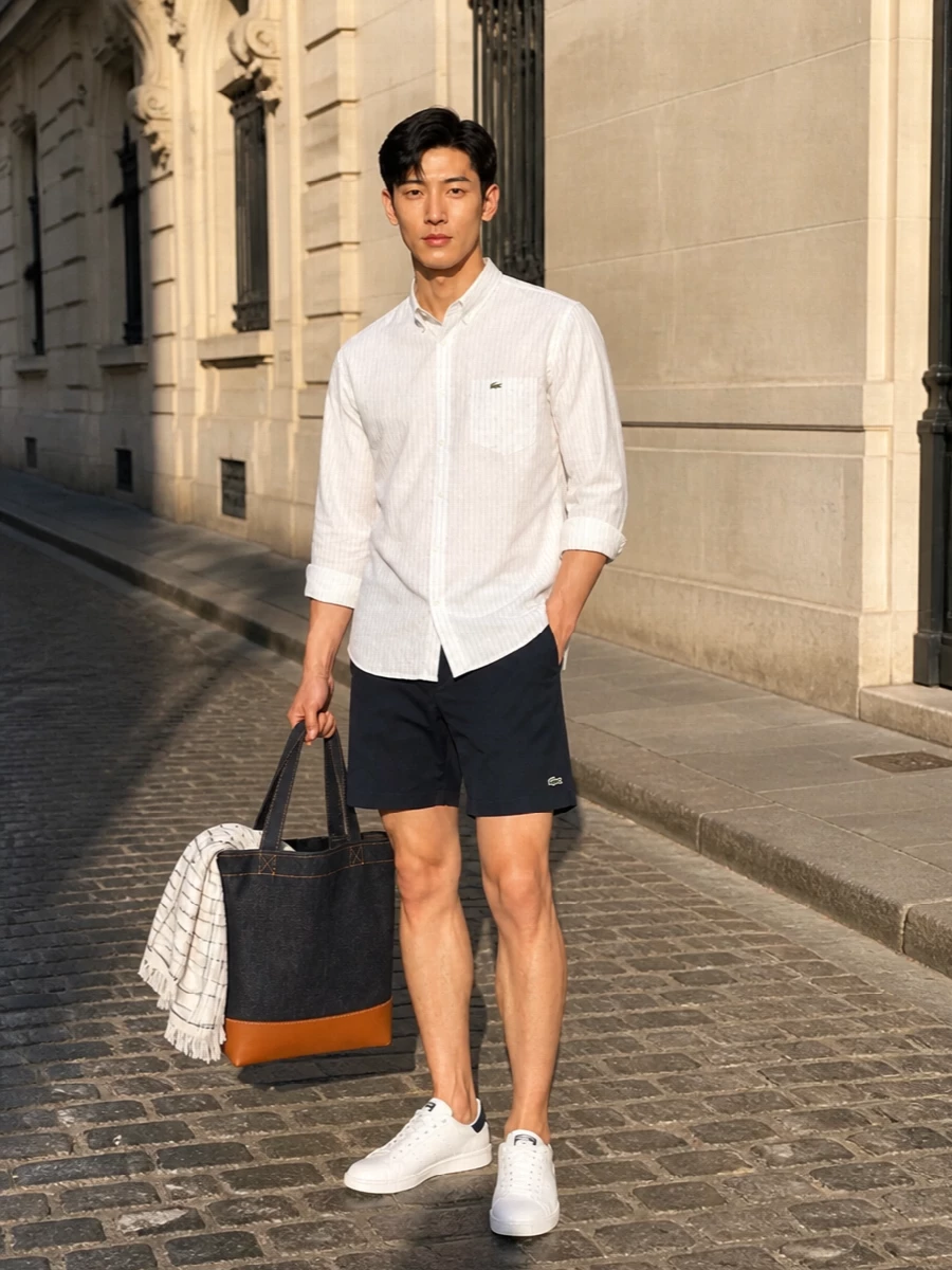 Lacoste striped shirt navy shorts adidas sneakers