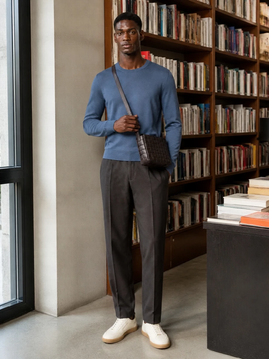 Zegna blue knit charcoal trousers ivory sneakers