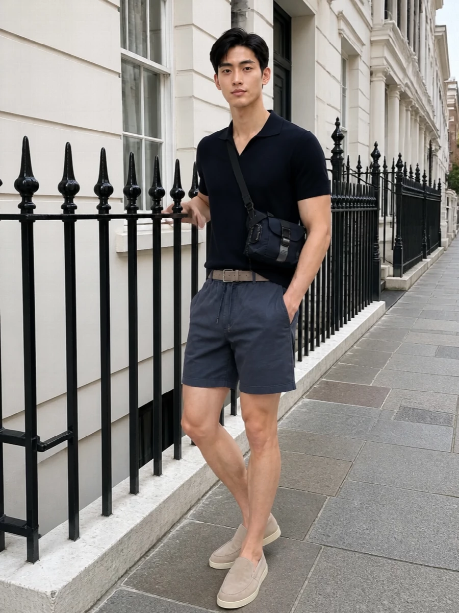 Woolrich navy deck shorts knitted polo suede loafers
