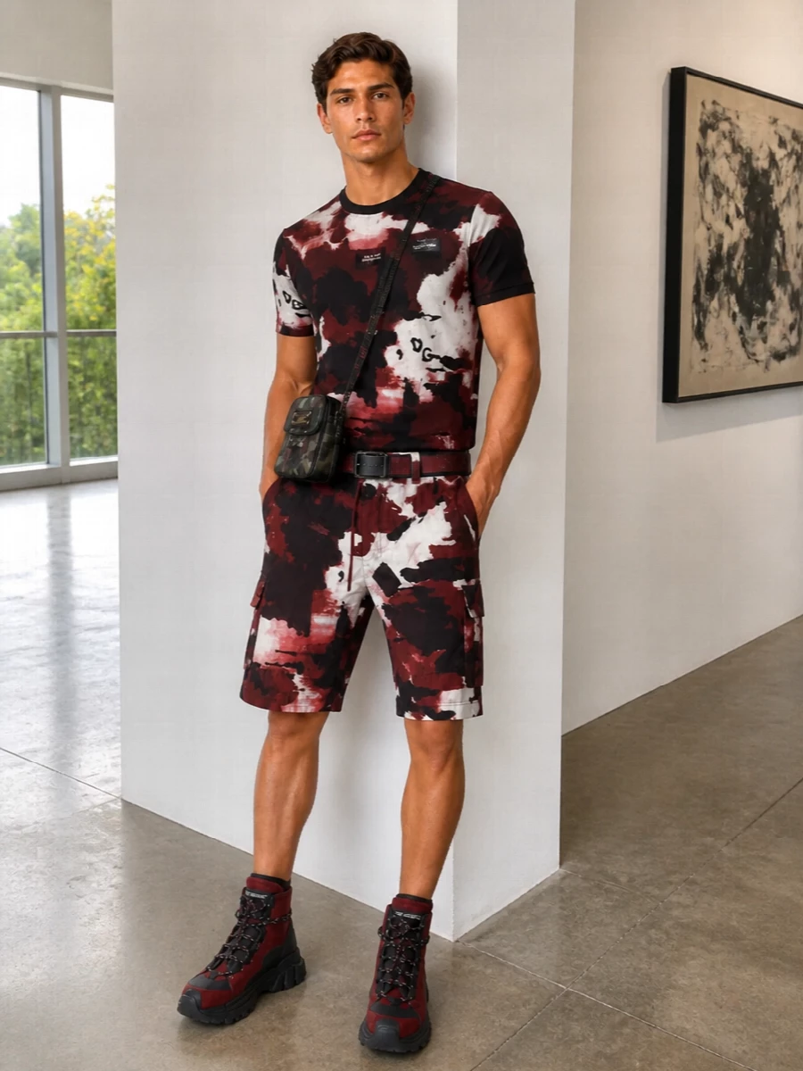 Dolce gabbana burgundy camo shorts streetwear outfit