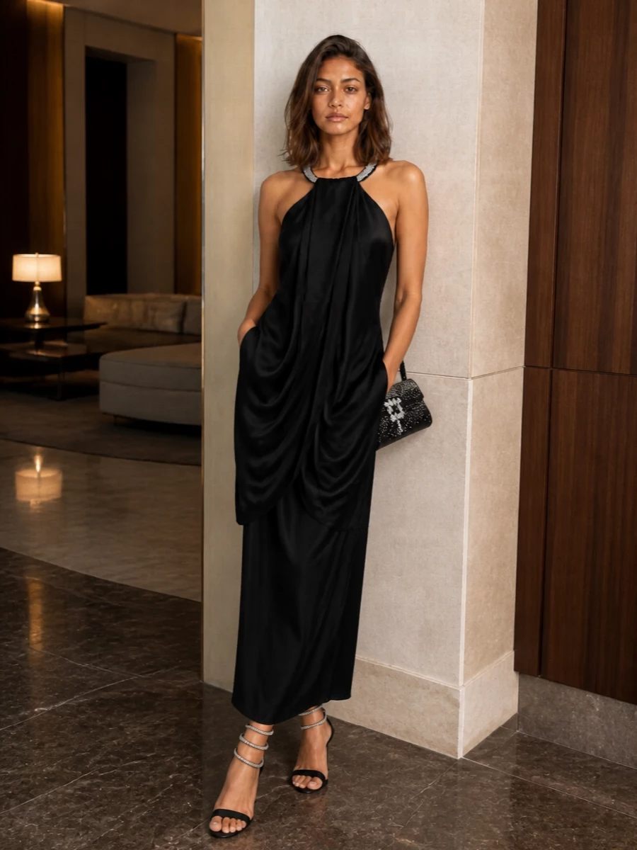Stella mccartney black halter evening gown crystal sandals