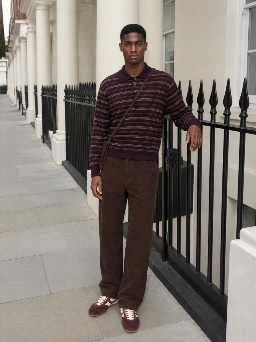 Dunst striped polo brown corduroy trousers outfit