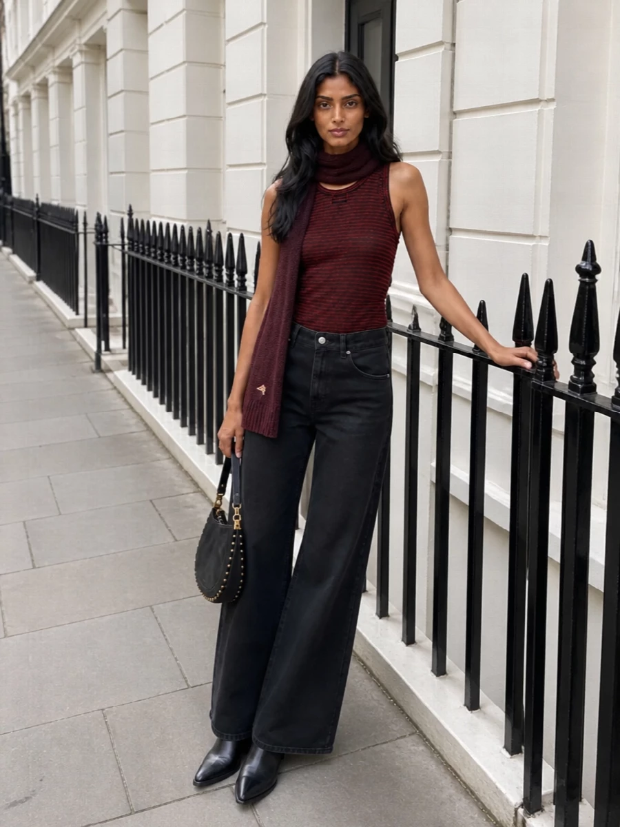 Sheer red and black stripes meet washed black wide-leg denim for a low-key Parisian streetwear mood that still feels considered. Western ankle boots and a studded hobo add just enough attitude, while the deep red scarf pulls the color story together and keeps it cold-weather ready.