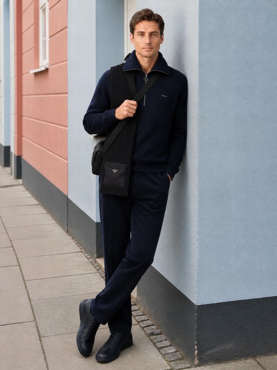 Prada navy half zip sweater corduroy trousers