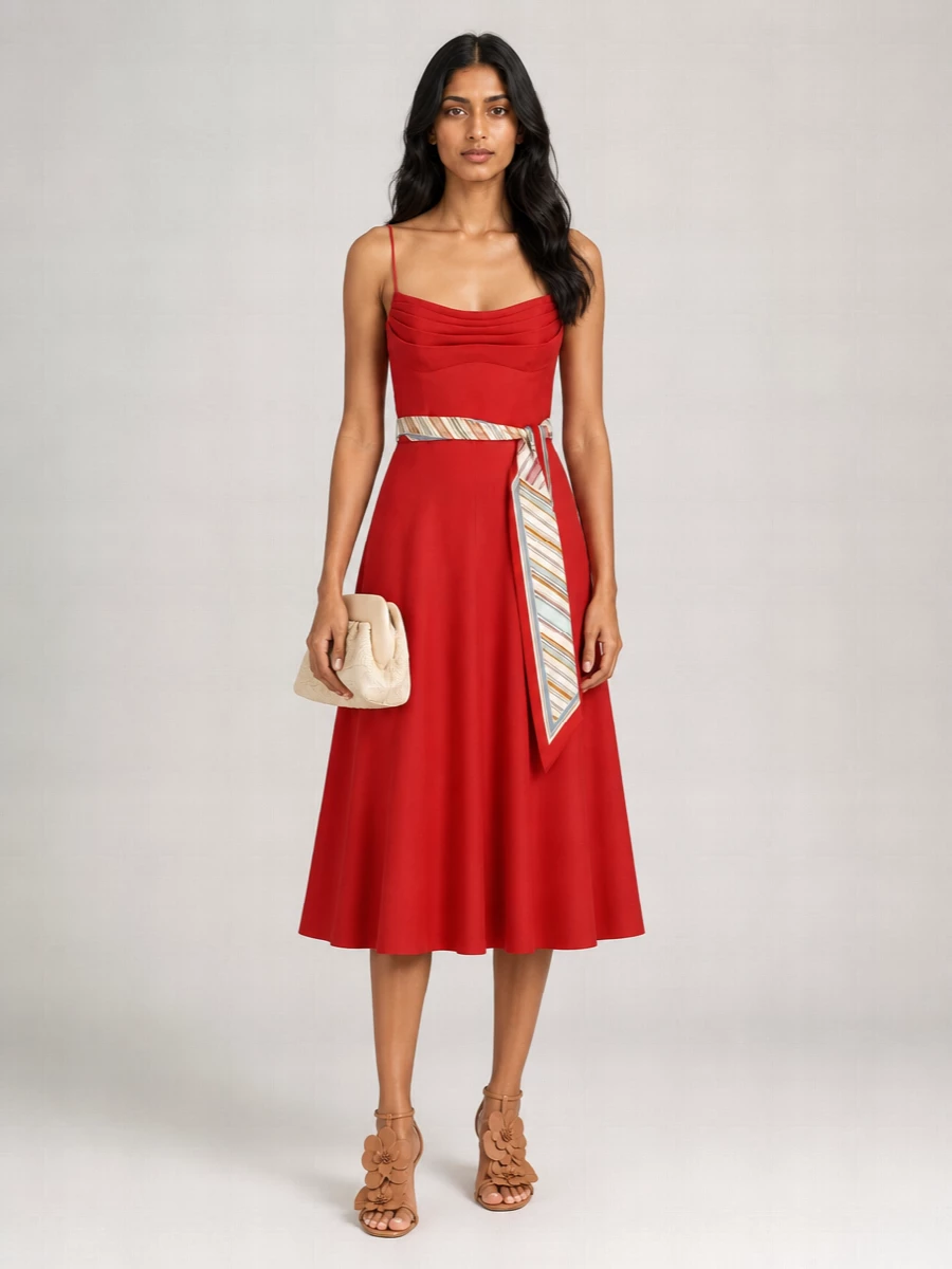 Zimmermann’s red midi does all the talking here, framed by tan floral-strap heels and a soft buttercream clutch for warm-evening cocktails. The scalloped belt detail nods to the dress’s sash without competing, keeping the whole ensemble romantic, polished and easy to wear from terrace drinks to late dinners. A quietly pretty palette of warm neutrals lets the red stay confident and flattering on the skin.