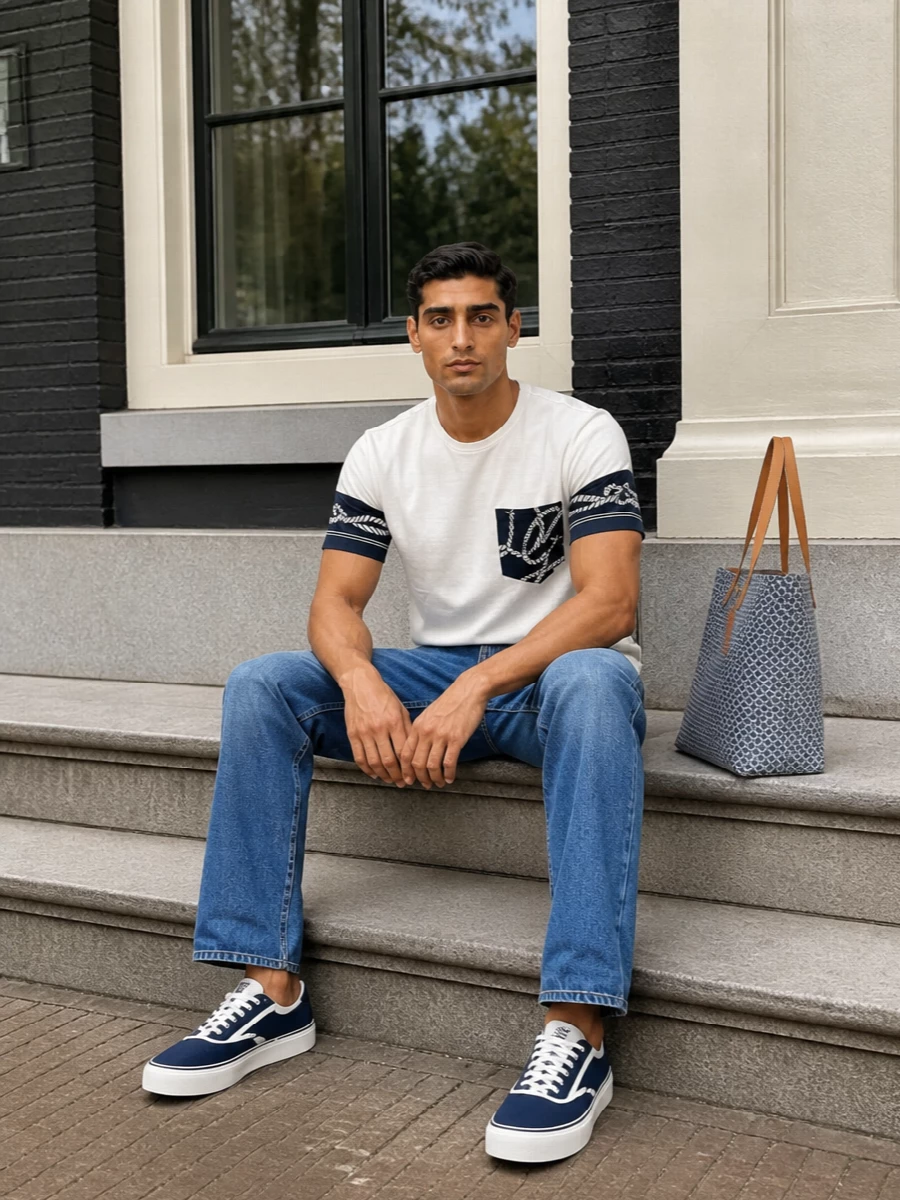 A nautical Dolce & Gabbana tee anchors the outfit with clean off white and precise navy detailing. Versace’s straight-leg denim keeps the line relaxed but sharp, while navy Dior sneakers stay sporty and discreet. A Prada jacquard tote in blue tones finishes it with a polished preppy note that still feels easy for everyday city wear.