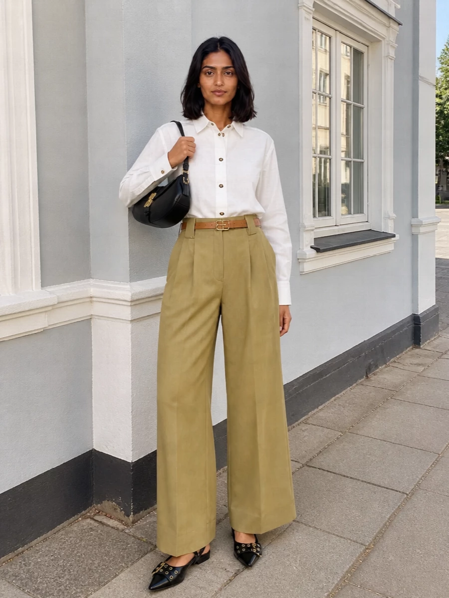 Ganni wide leg trousers white shirt flats