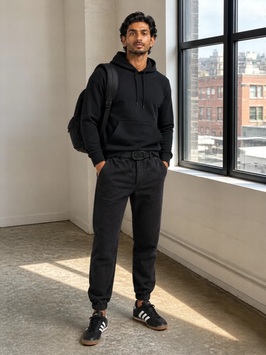 Diesel black hoodie jogger jeans adidas sneakers
