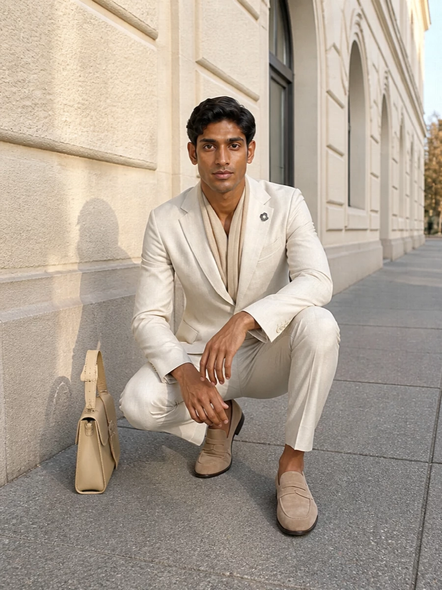 Soft, near-monochrome tailoring in cream and light beige keeps the mood calm and precise, ideal for warm-weather meetings or terrace dinners. Sand suede loafers and a slim butter-toned shoulder bag reinforce the quiet palette while staying sharp. The silk scarf adds a subtle layer of Italian ease rather than decoration, keeping the whole outfit composed but relaxed.