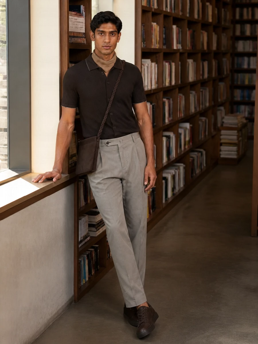 Pt torino taupe chinos brown knit polo outfit