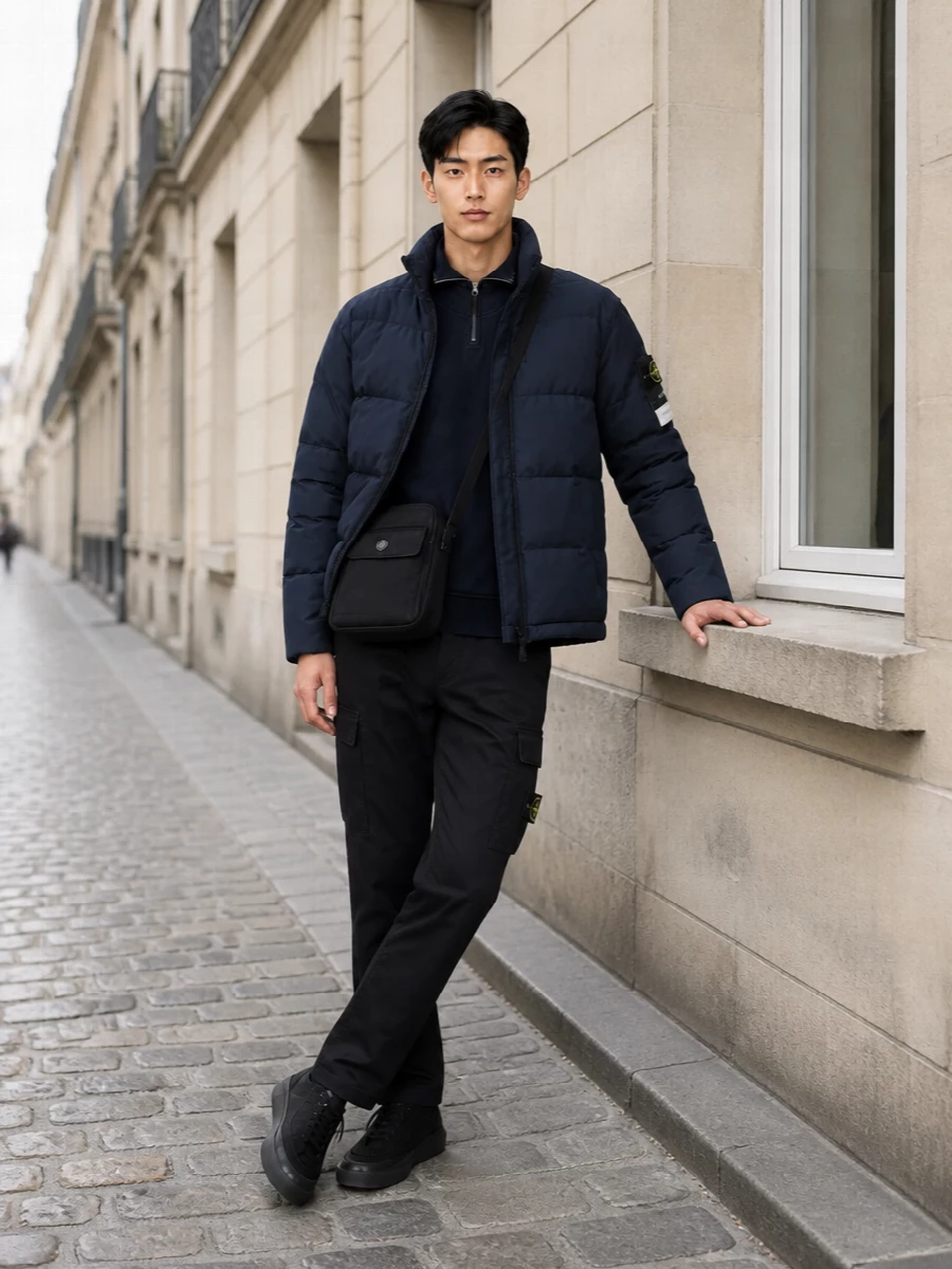 Stone island navy puffer black cargo outfit