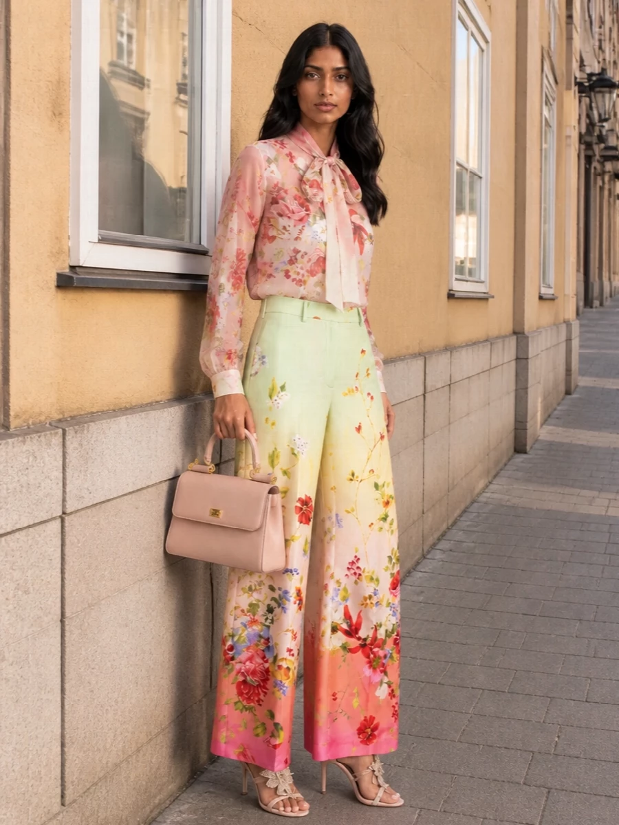 Roberto cavalli floral blouse wide leg trousers outfit
