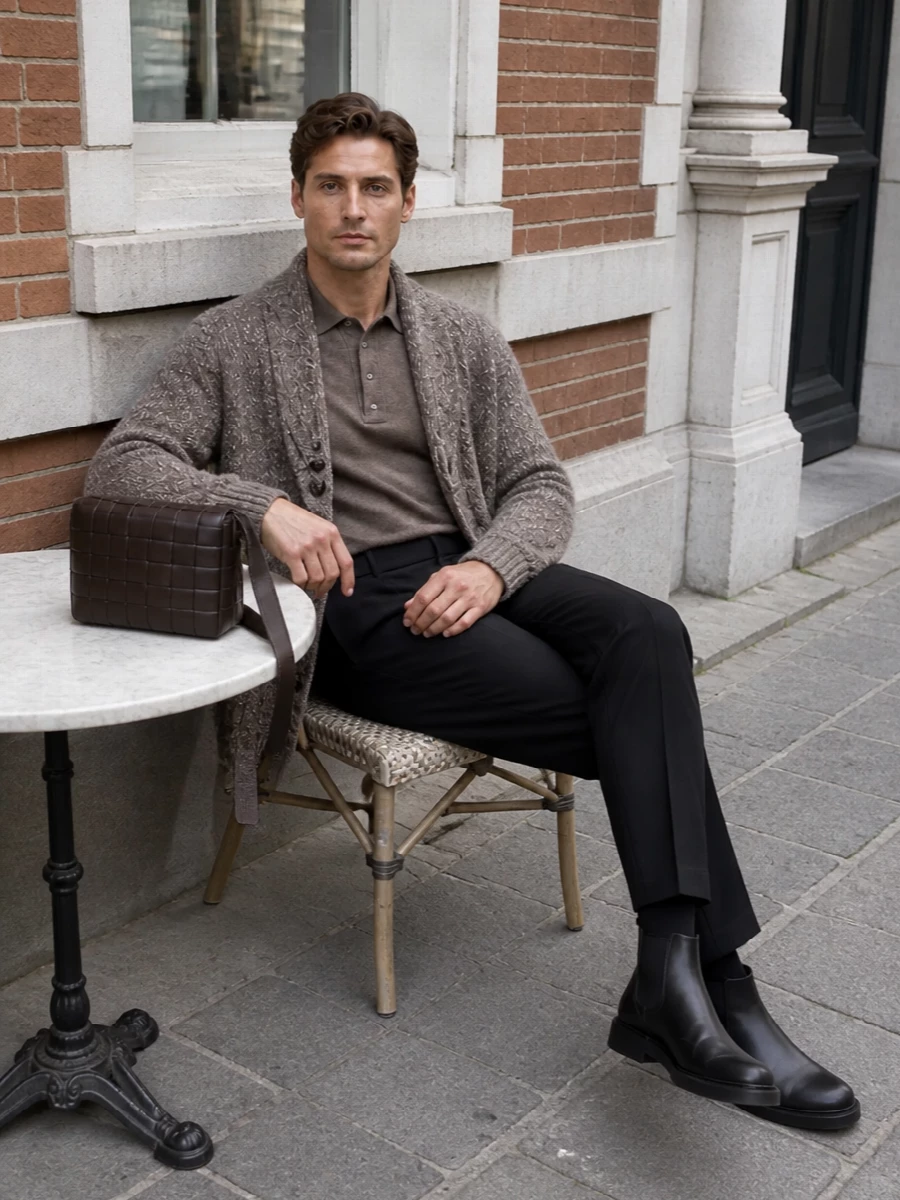 Bottega veneta shawl cardigan charcoal trousers