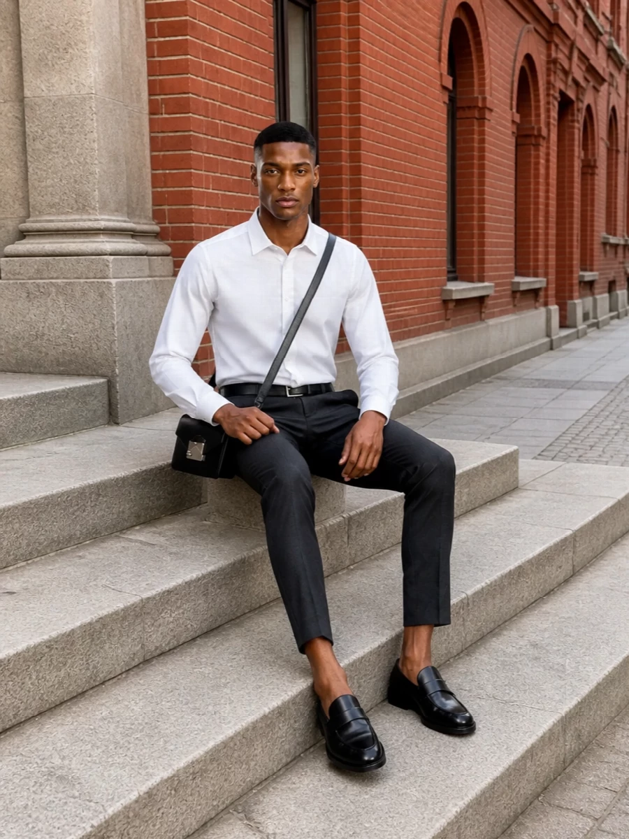 Dolce gabbana charcoal trouser black loafer outfit