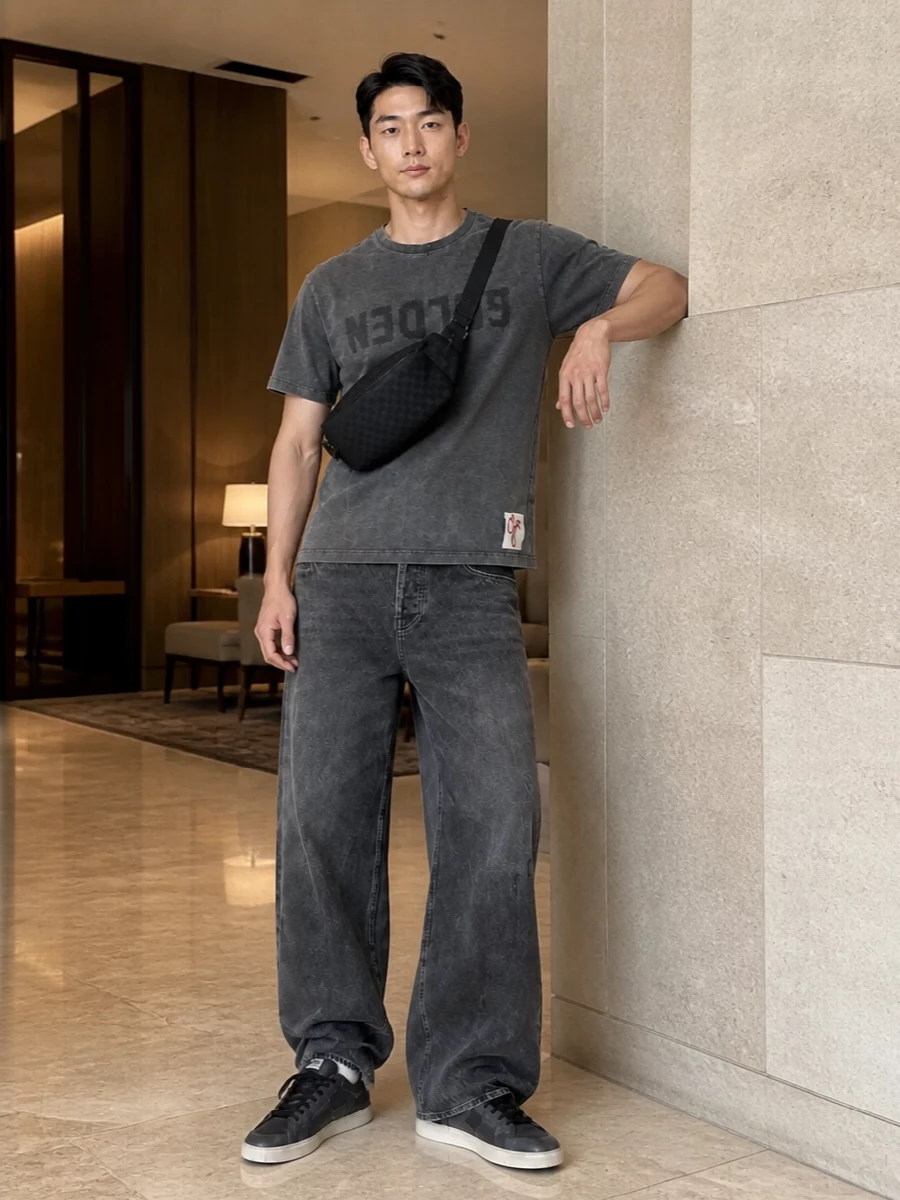 Golden goose wide leg jeans charcoal tee outfit