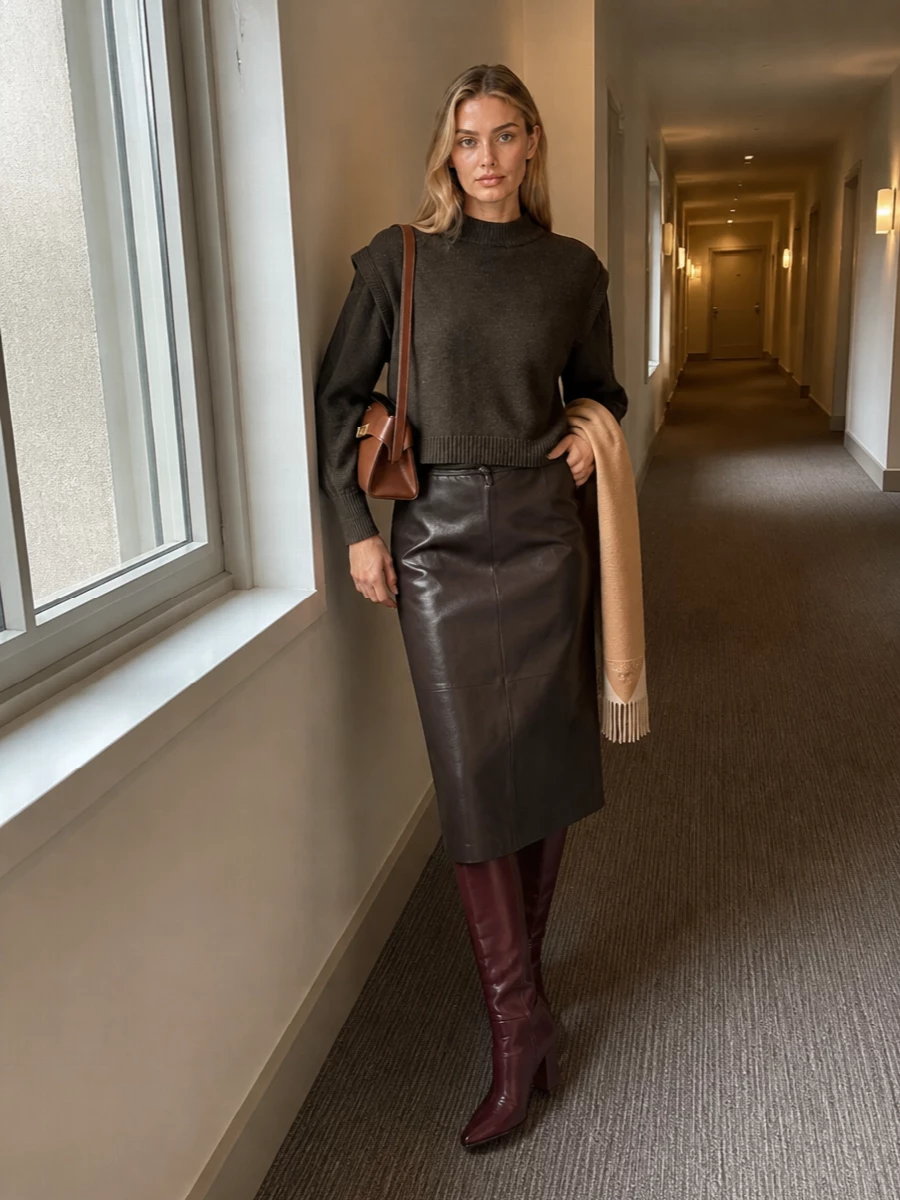 Alberta ferretti knit leather skirt boots outfit