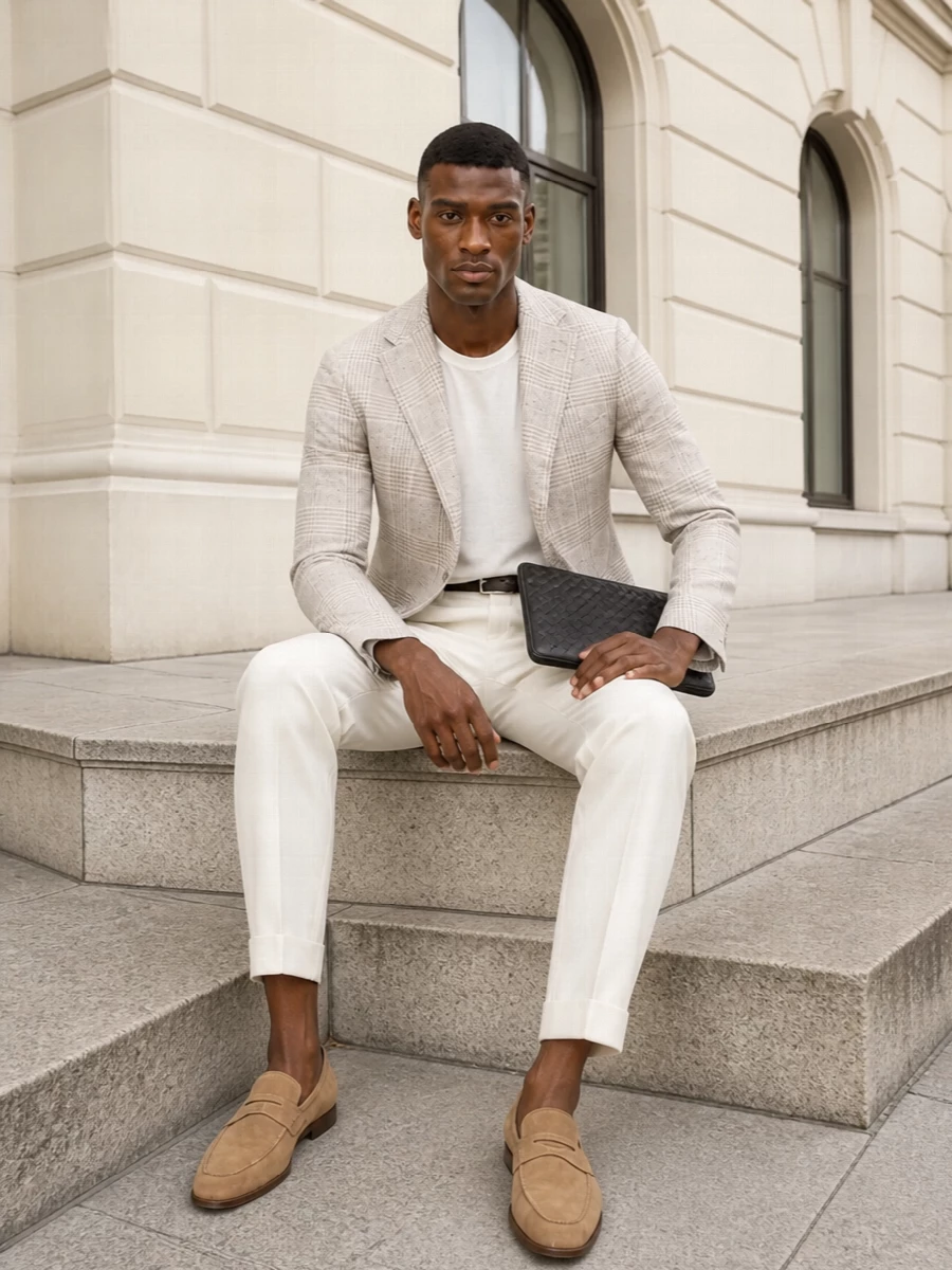 Tagliatore beige blazer ivory trousers outfit