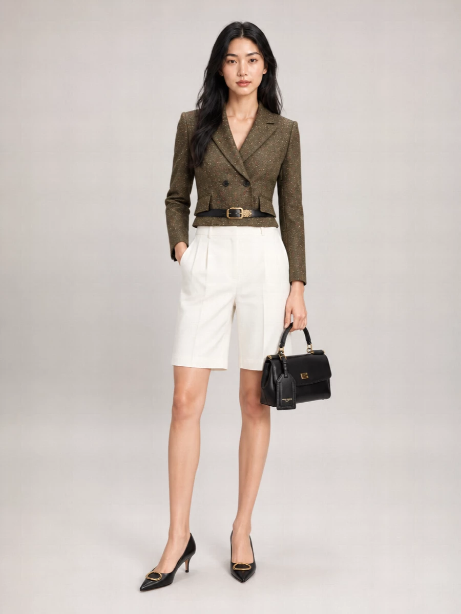 Tailored ivory shorts offset the cropped, sequinned Dior jacket with a fresh, clean line that keeps the palette light but still city ready. A black kitten heel, structured mini top-handle and slim belt in black and gold sharpen the proportions, so the sparkle reads refined rather than showy. The result is precise summer suiting for dinners, events and polished days in the city.