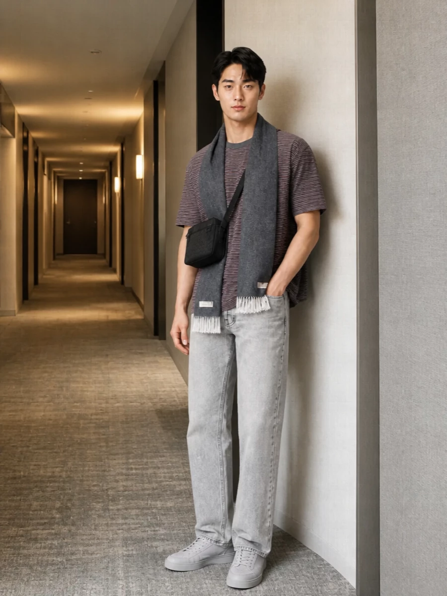 Auralee striped tee grey jeans sneakers