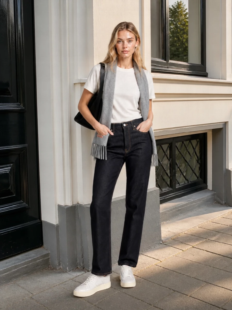 A soft Alexander Wang tee meets structured raw denim for a calm, city-ready uniform that feels considered without trying. Tonal off-white sneakers keep the line relaxed, while a black shoulder bag and heather-grey scarf add just enough depth and texture. The result is a pared-back streetwear take on quiet luxury that works from coffee runs to late trains home.