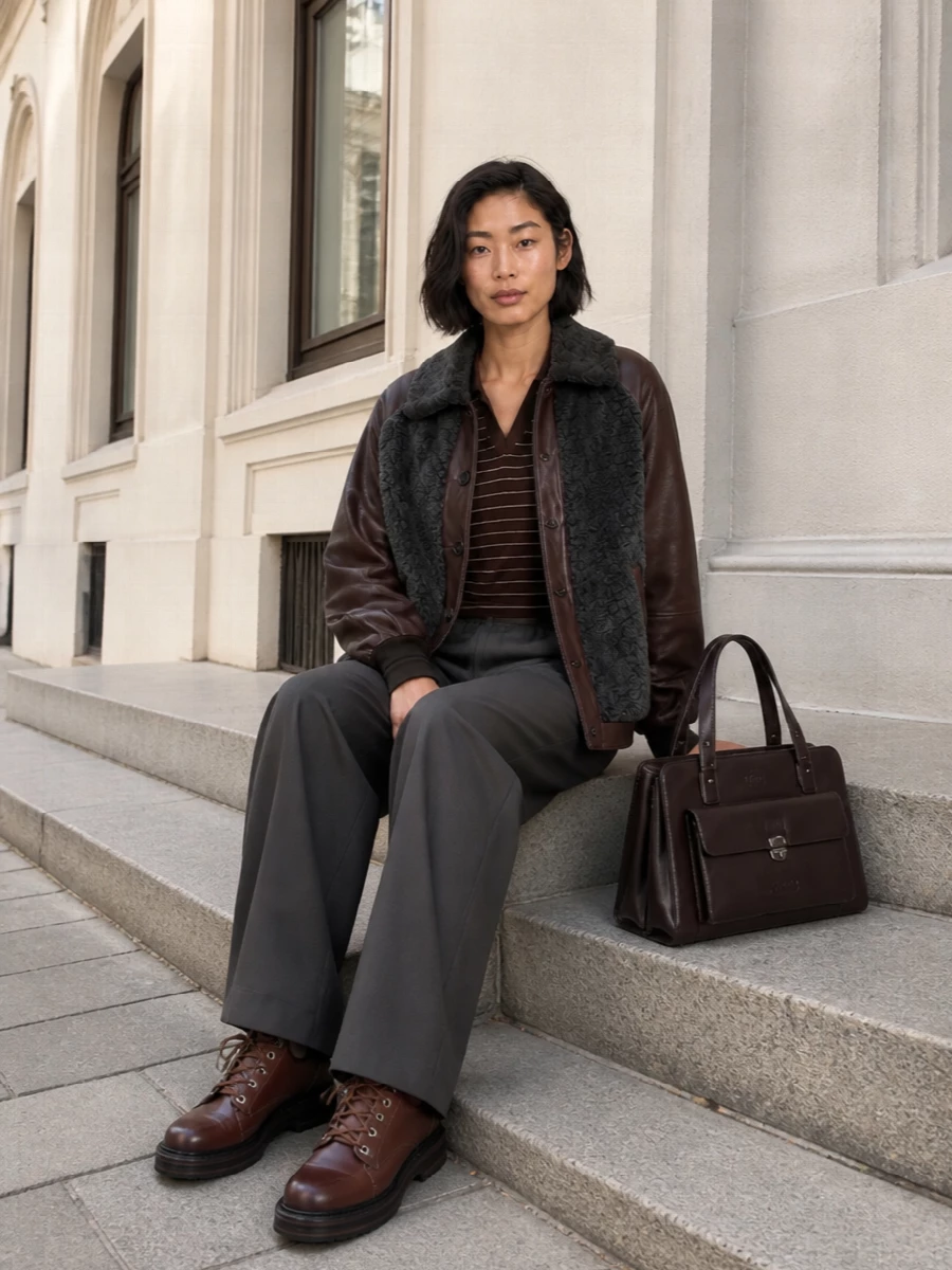 Miu miu shearling bomber wide leg trousers outfit