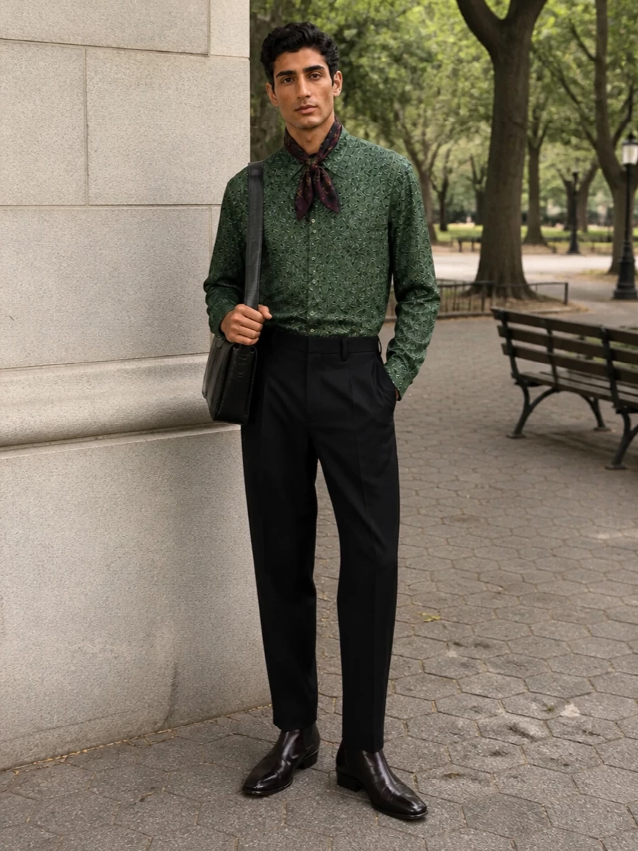 Dries van noten green shirt black pleated trousers