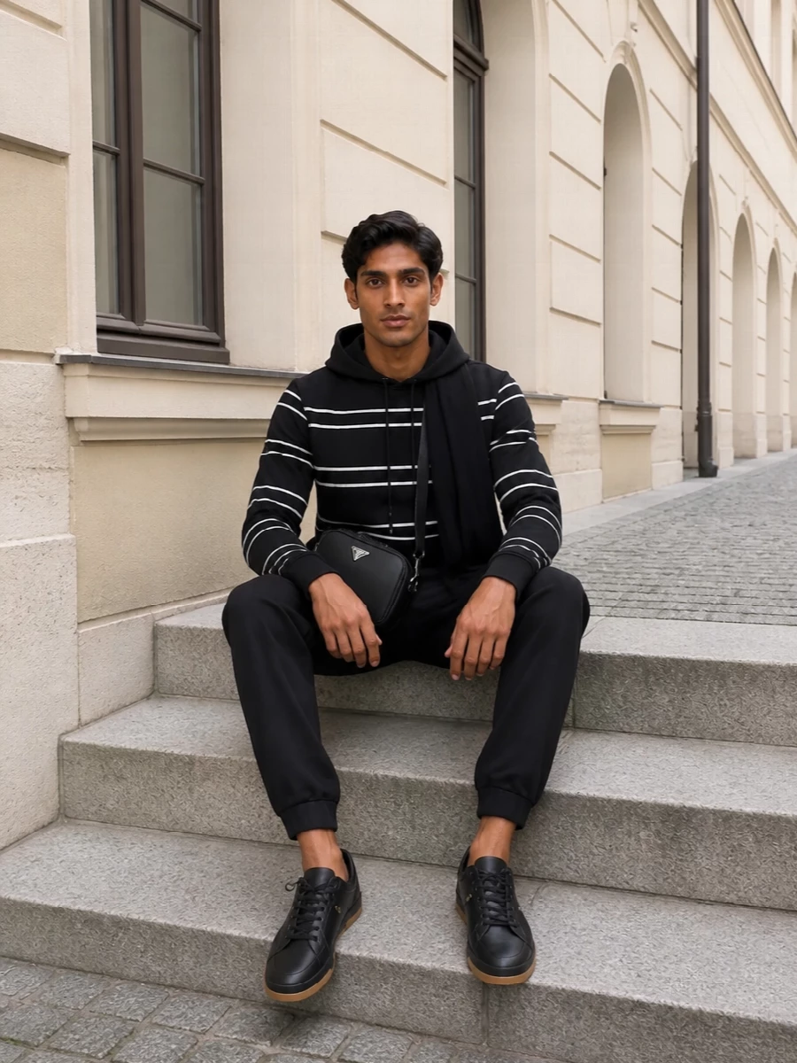 Saint laurent striped hoodie black trousers outfit