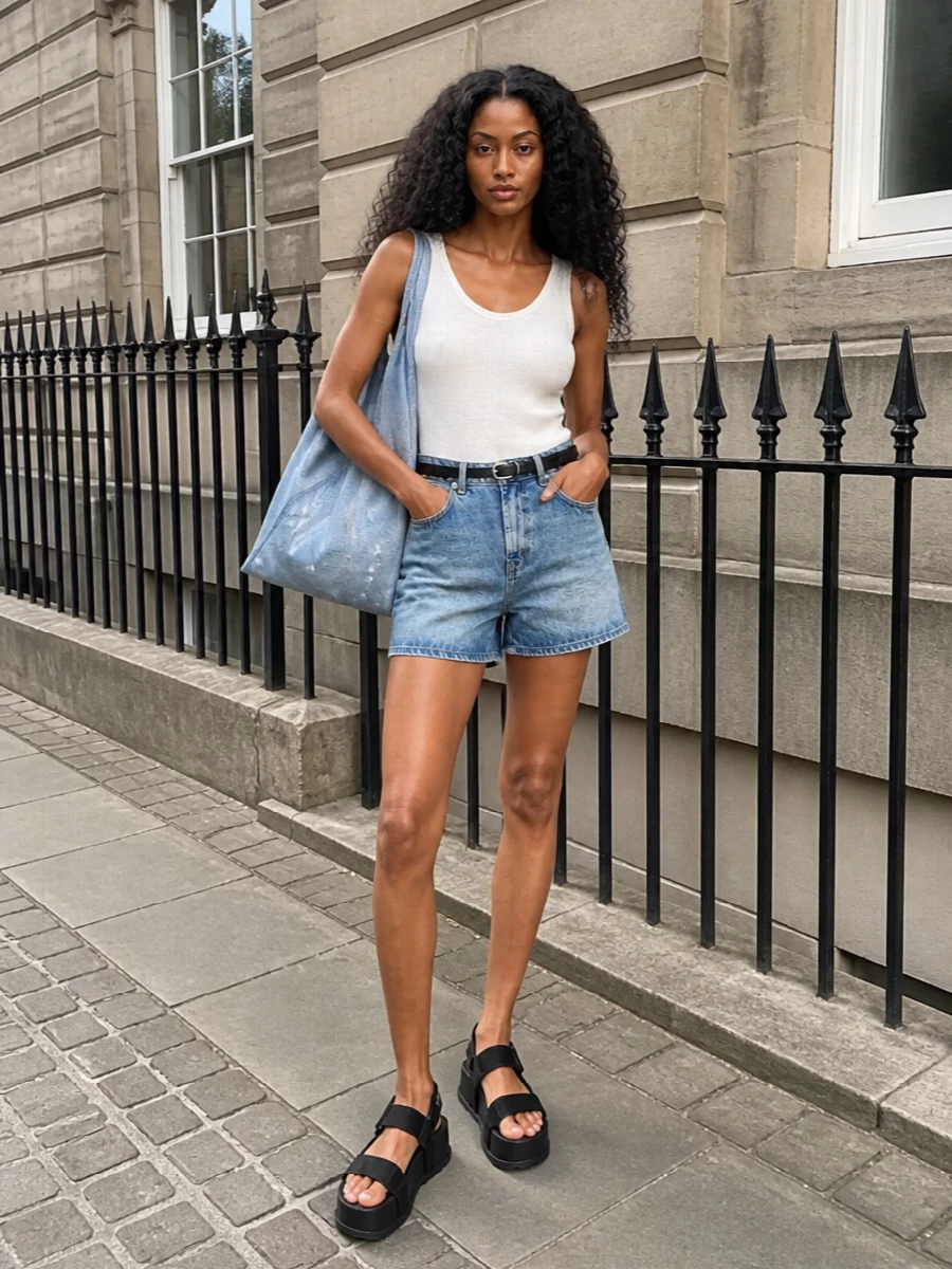 Moschino denim shorts ivory tank outfit