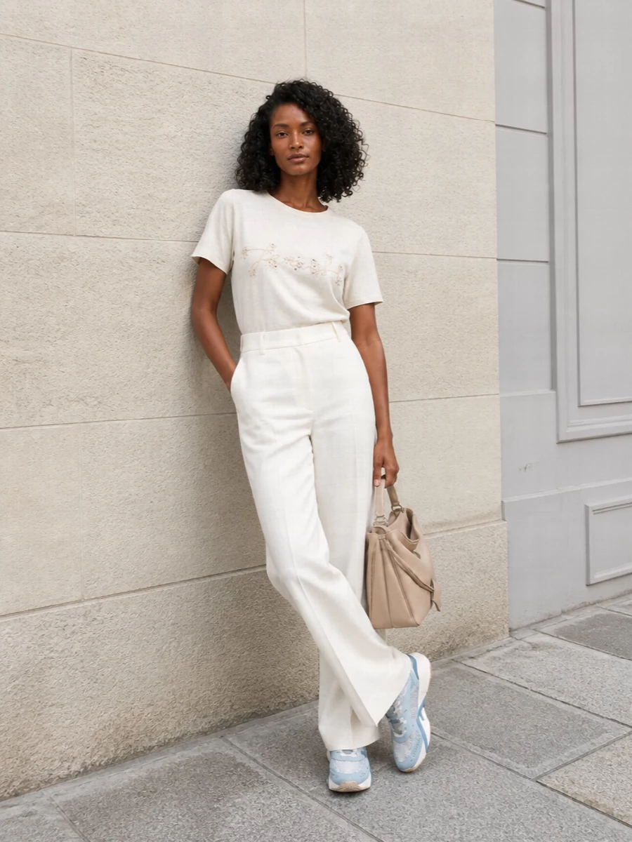 Powder-blue Fendi runners ground an airy SS look built around an ivory embellished tee and soft-ivory wide-leg trousers, creating a clean column that lets the sculptural sneaker really read. The nude-beige top-handle bag adds just enough structure and polish to keep the outfit firmly in quiet-luxury territory while still feeling effortless and off-duty. This is the kind of city-uniform you can wear from brunch to gallery runs without ever looking over-styled.