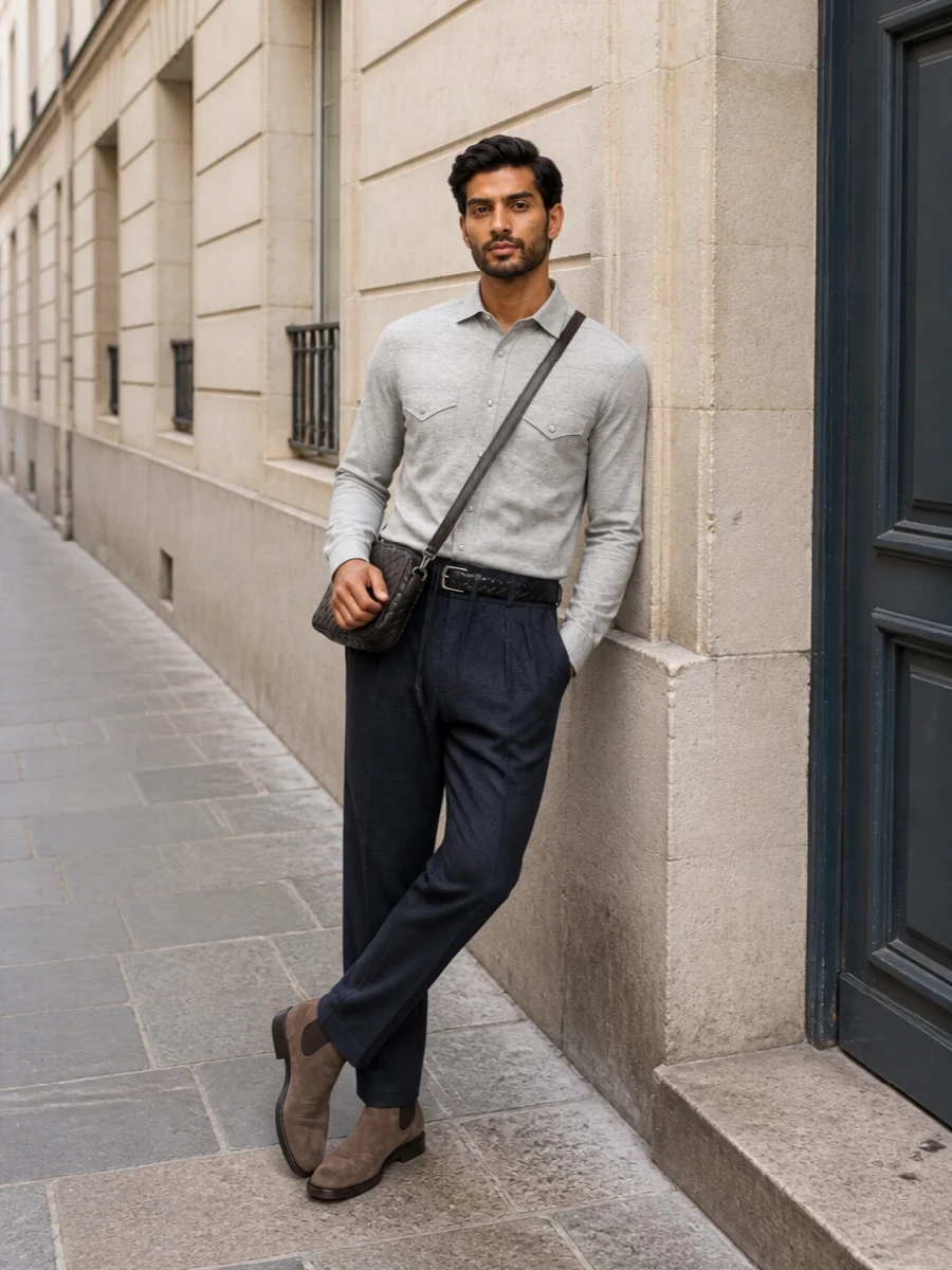 Brunello cucinelli western shirt drawstring trousers outfit
