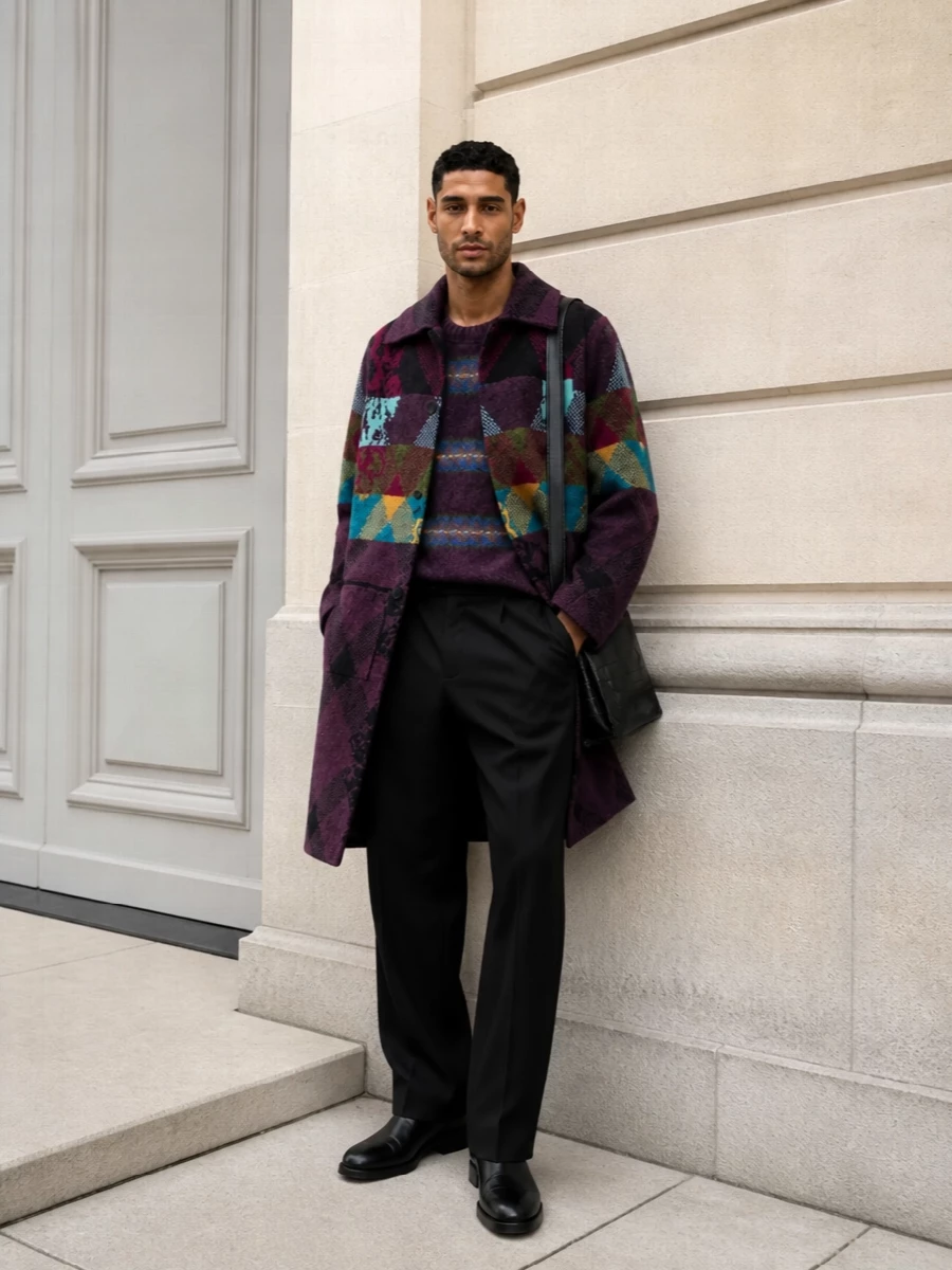 Dries van noten plum coat wide leg trousers