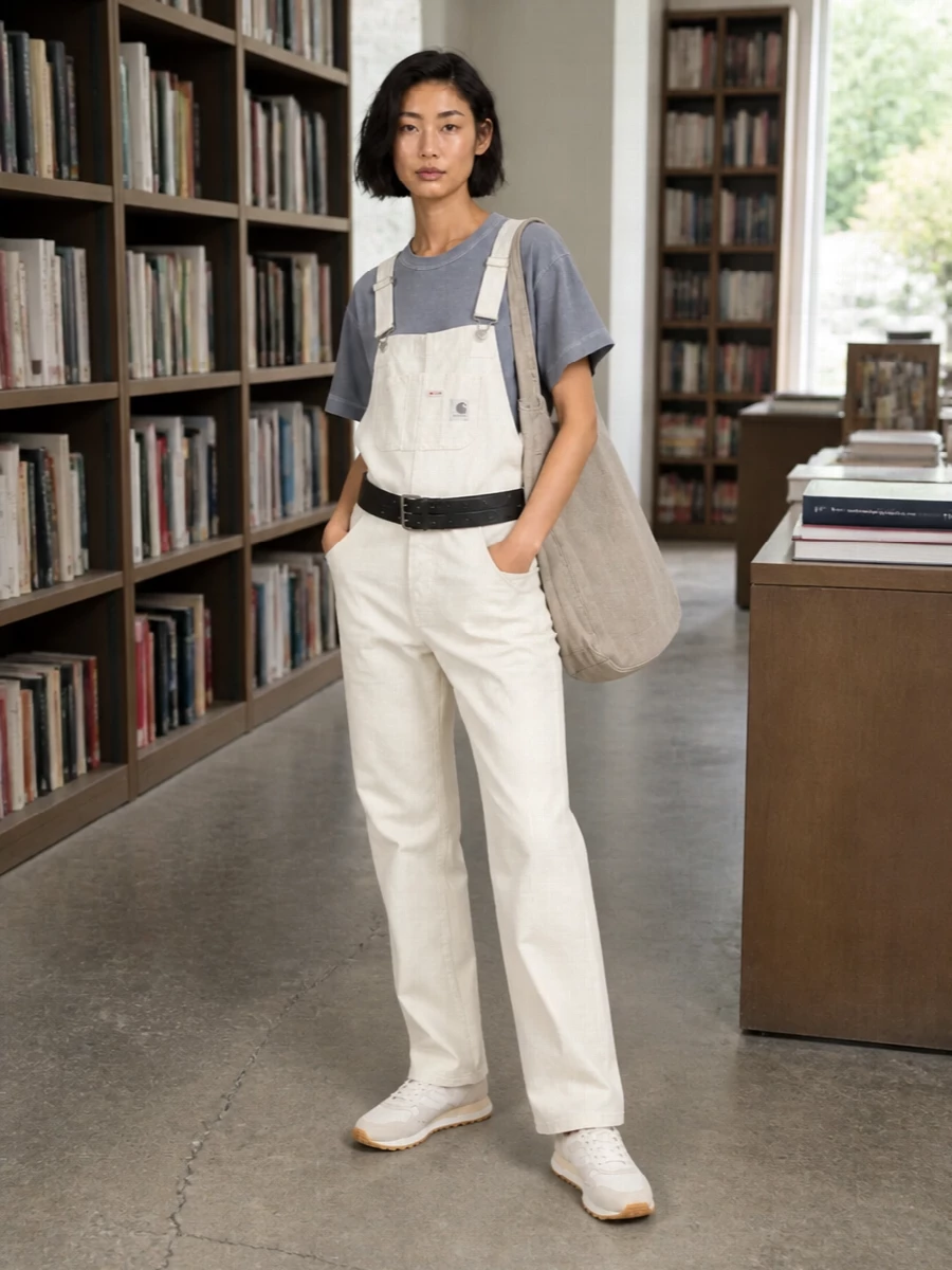 Off-white dungarees and the slate boxy tee keep everything clean and utilitarian, with a soft blue-grey tone to break up the neutral base. Retro-inspired runners echo the pale palette while staying practical, and the stone cross-body plus structured black belt add just enough definition so the straight, relaxed lines feel intentional rather than slouchy.