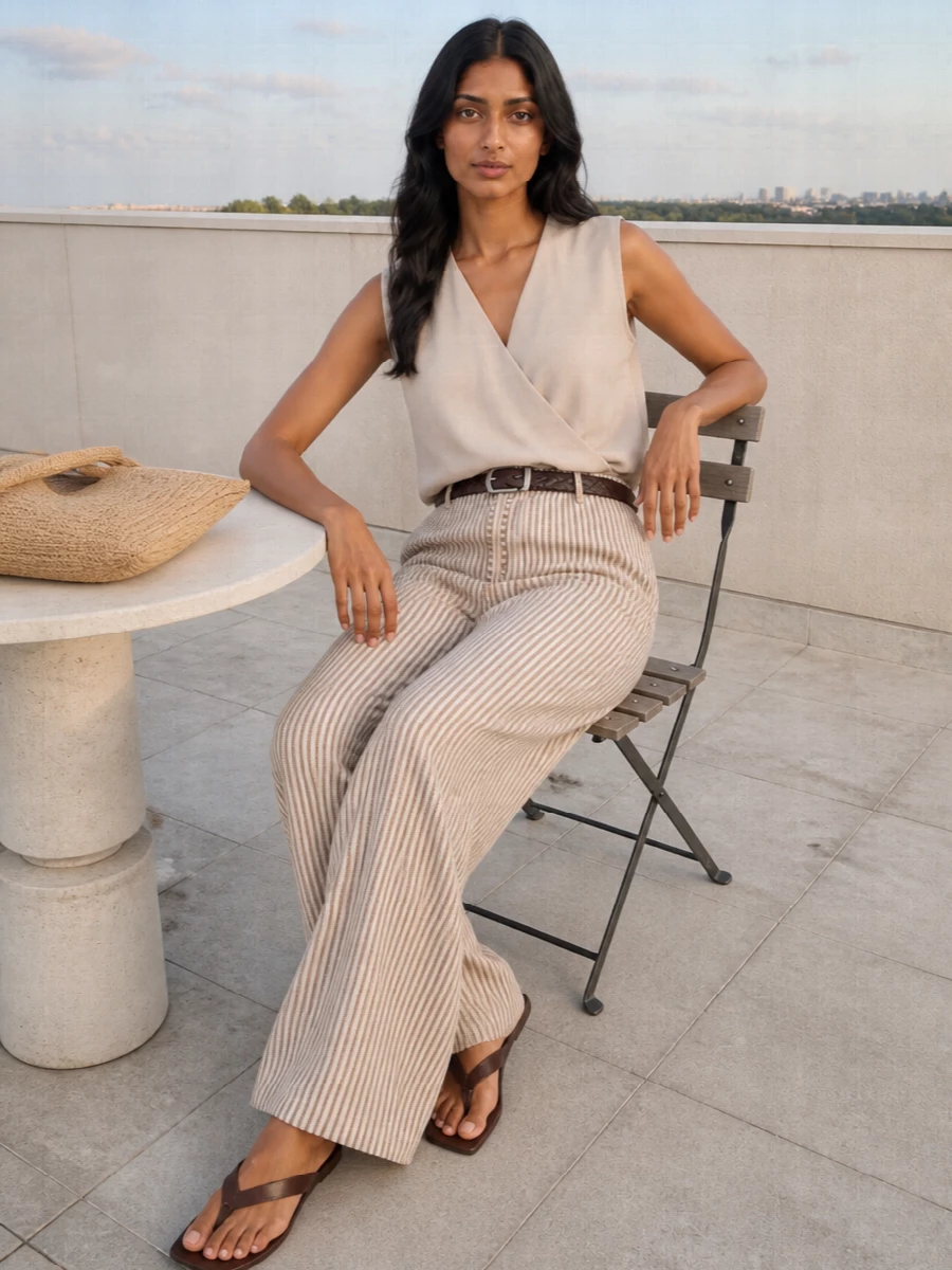 Alysi striped wide leg trousers beige wrap tank