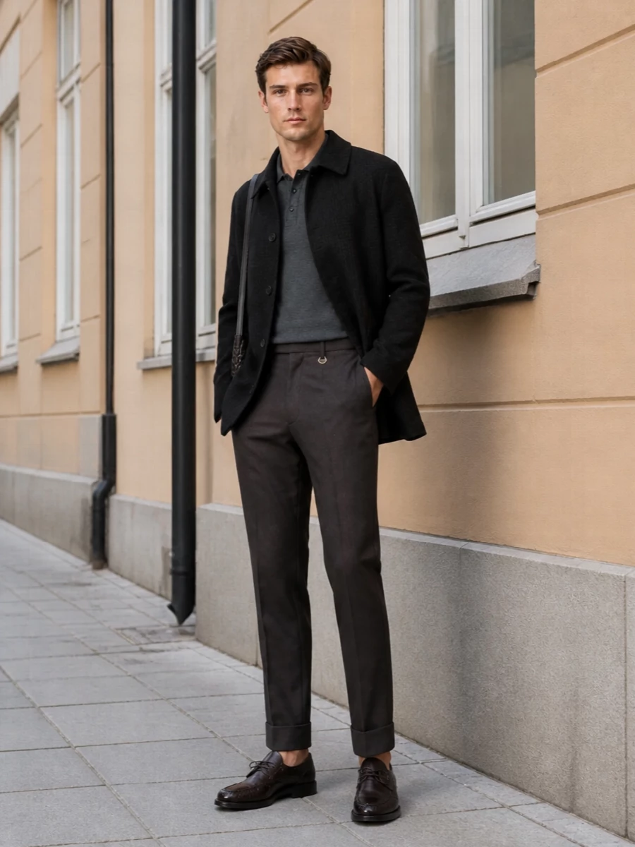Etro brown coat burberry trousers outfit