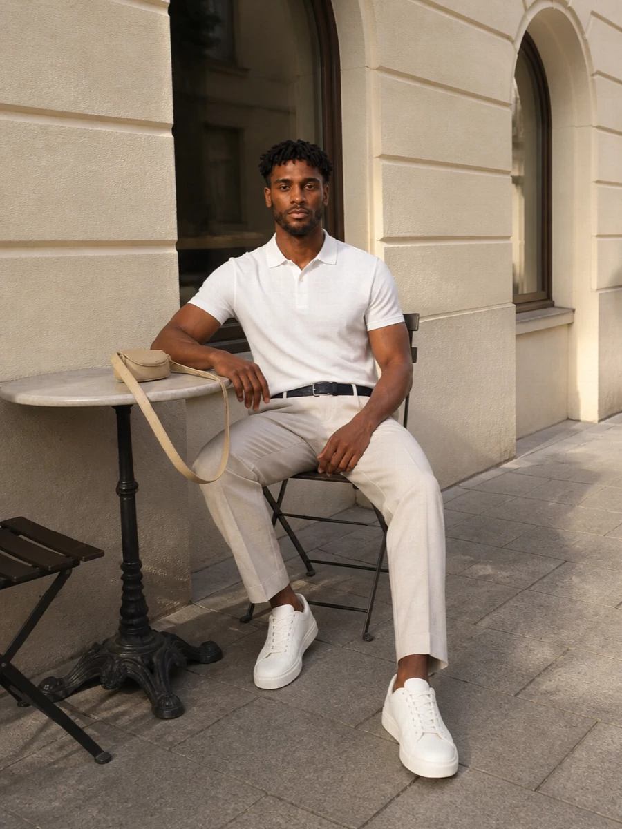 A white knit polo and light beige pleated trousers create a calm, tonal foundation that reads relaxed but clearly intentional. Off-white sneakers keep the line clean while the slim buttercream shoulder bag and discreet belt add just enough structure. It is an easy, quietly polished way to do warm-weather tailoring without feeling dressed up for the sake of it.