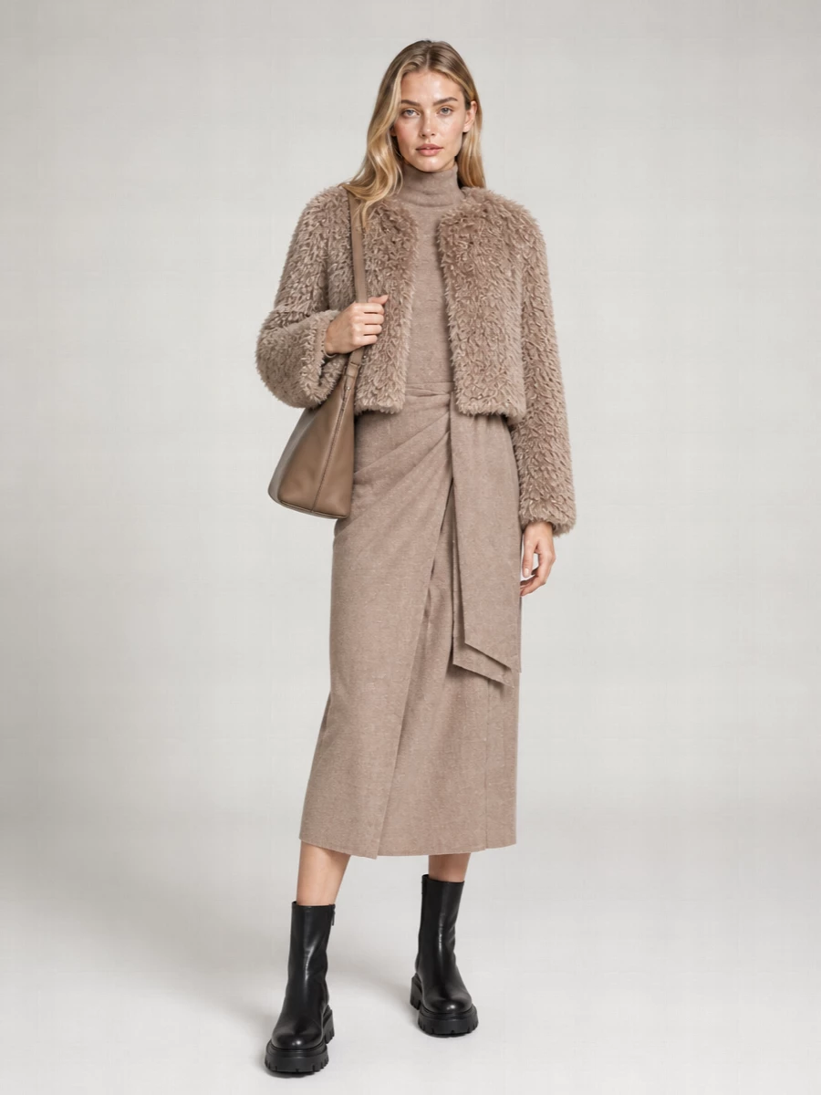 I am building around the dress rather than a separate top and bottom so the cropped faux-fur coat can sit over one clean column, which feels more intentional and less bulky. The taupe Max Mara knit midi, grounded by black chunky-sole ankle boots and a structured taupe leather shoulder bag, gives a quietly luxurious winter outfit that moves easily from daytime in the city to relaxed dinners. Texture does the talking here, with the coat’s curl, the dress’s fine knit and the smooth leather accessories all staying in a soft brown-neutral register.
