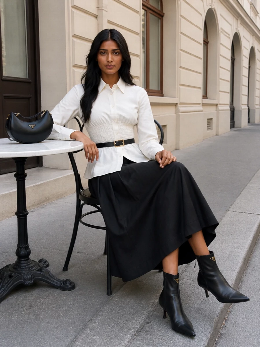 Prada’s flared black midi skirt is paired with an ivory smocked-waist shirt to sculpt the waist and keep the volume controlled and intentional. Pointed black kitten-heel ankle boots and a sculptural crescent shoulder bag continue the clean lines, while a slim black belt adds just enough definition and gold detail for a quietly formal dinner-in-the-city mood.