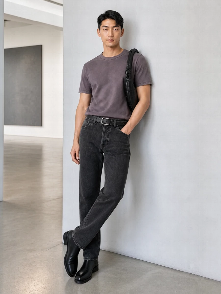 Our legacy charcoal jeans mauve tee black boots