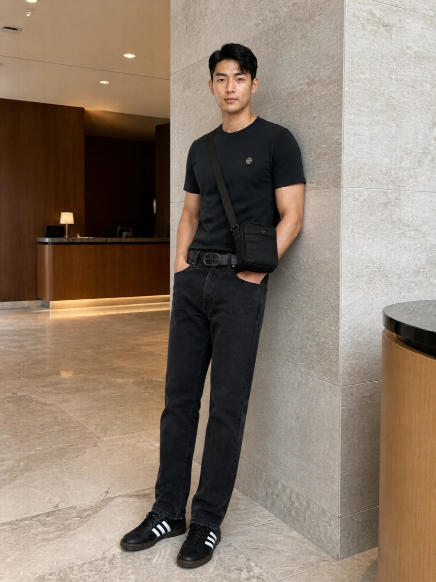 Stone island black tee washed black jeans outfit