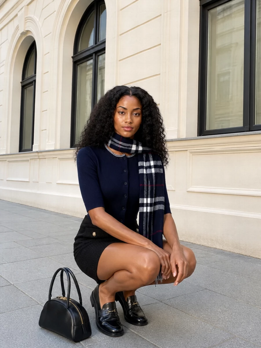 Miu miu navy cardigan black mini skirt outfit