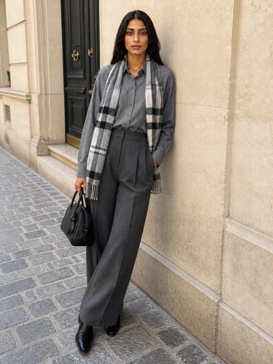 Jacquemus grey shirt wide leg trousers outfit