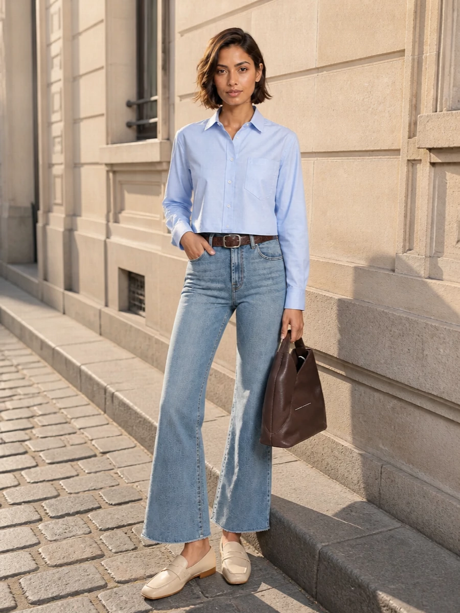 Ami paris cropped shirt flared jeans outfit