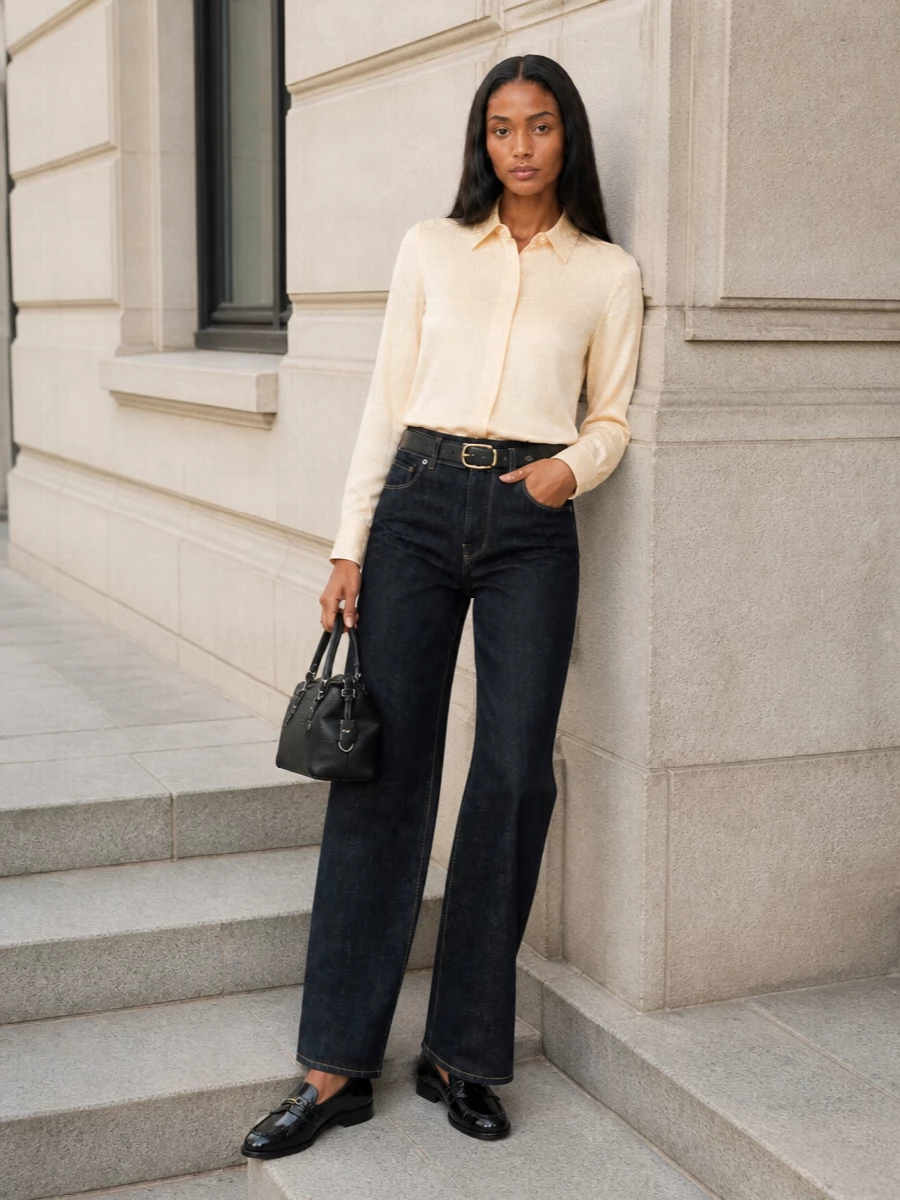 Fendi dark wide leg jeans buttercream shirt