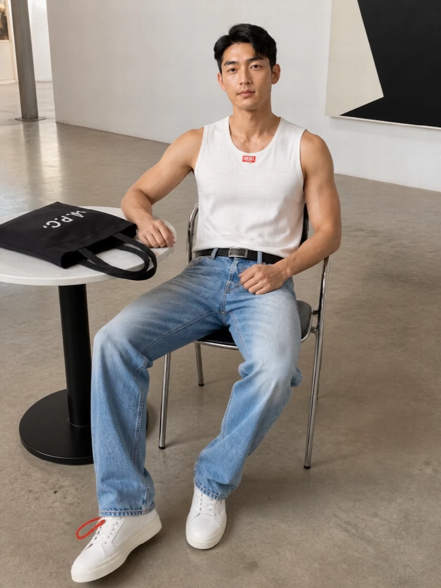 Diesel tank light wash jeans off white sneakers