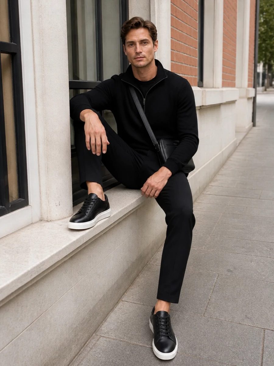 A monochrome Emporio Armani story that treats sport as precision, not slouch, this pairing leans into clean lines and quiet detailing. The ribbed knit and tailored track pant keep everything streamlined under the half‑zip, while grained leather sneakers and a slim crossbody add just enough texture for interest. It is made for city days when you want comfort that still feels fully considered.