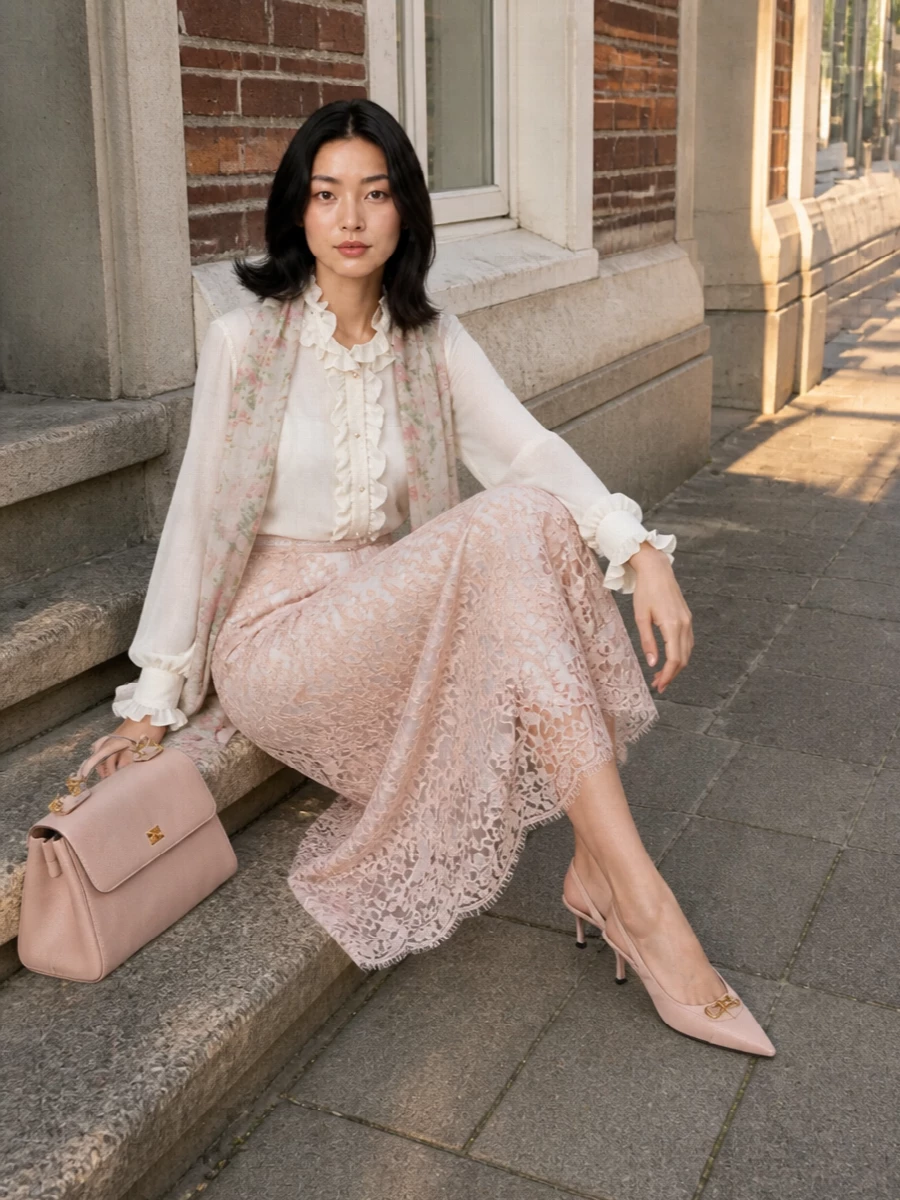 A sheer blush lace skirt meets an ivory ruffled blouse for a soft, romantic spin on cocktail dressing, all in a quietly luxurious, tonal palette. Blush slingbacks and a structured blush top-handle keep the lines clean and elongating, letting the lace and ruffle textures do the talking. A gauzy floral wrap adds just enough color and movement for summer terraces and late dinners.