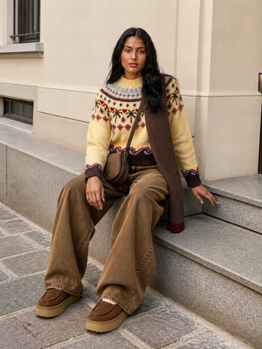 Alanui fair isle sweater wide leg trousers